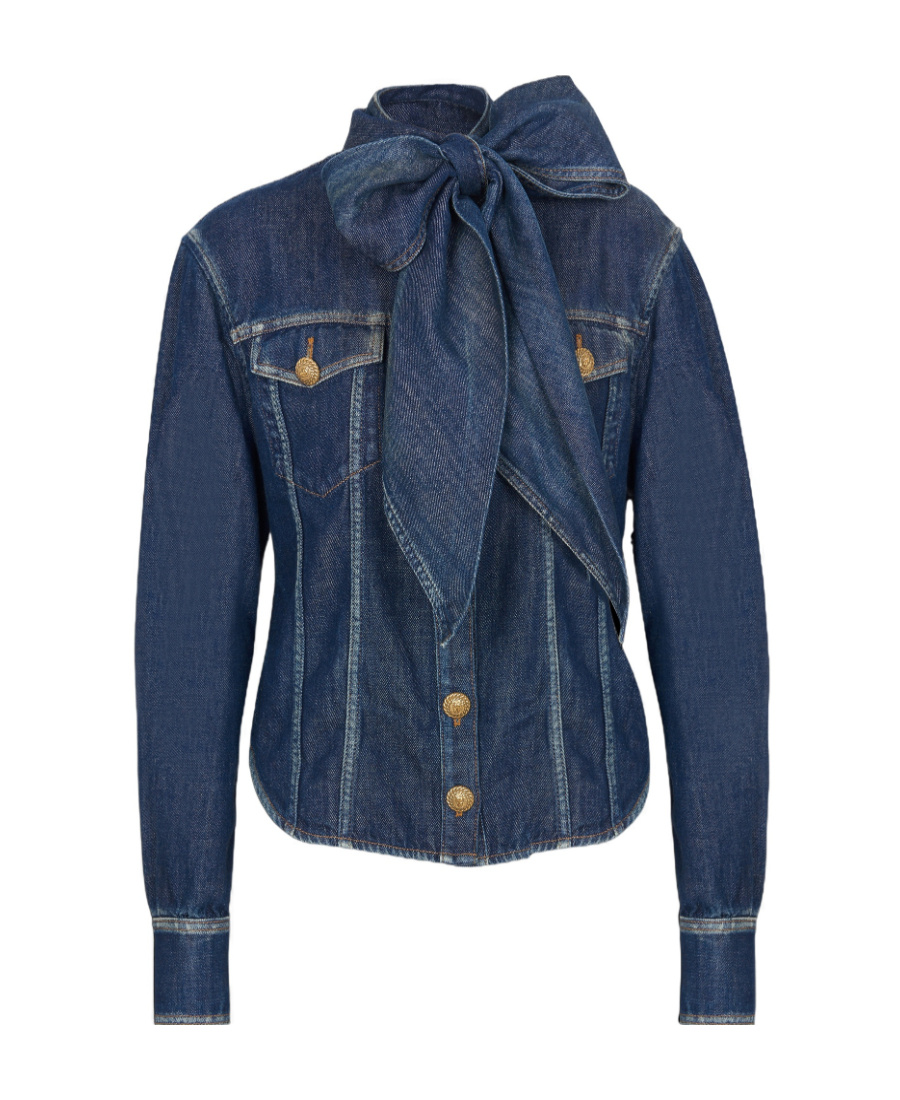 Balmain Pussy-bow Denim Shirt In Blue