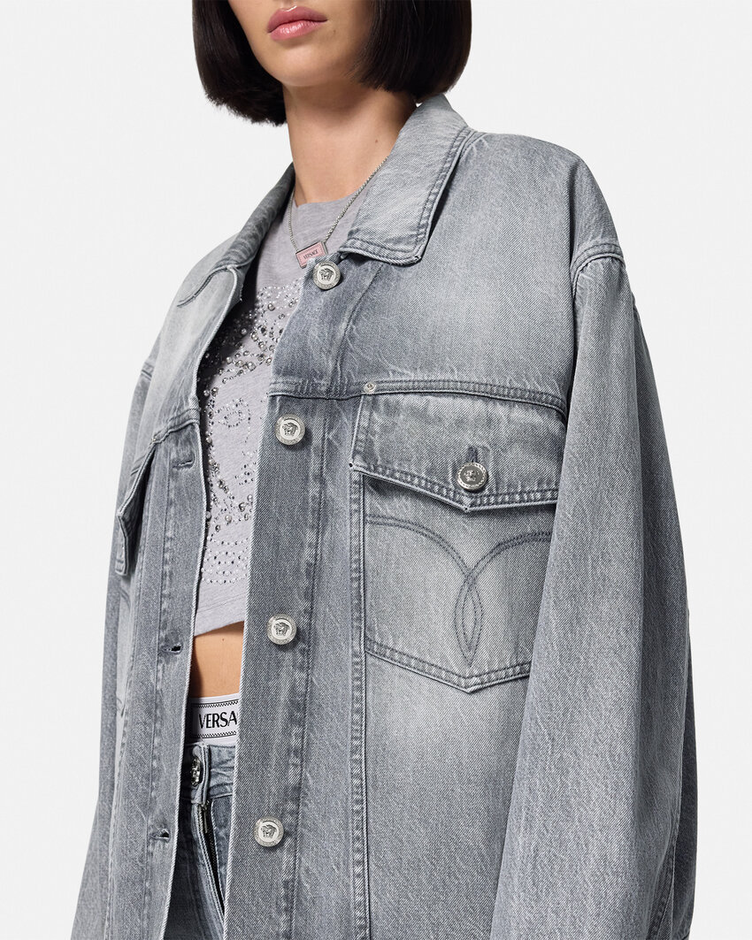 Versace Gray Oversized Denim Jacket In Gray