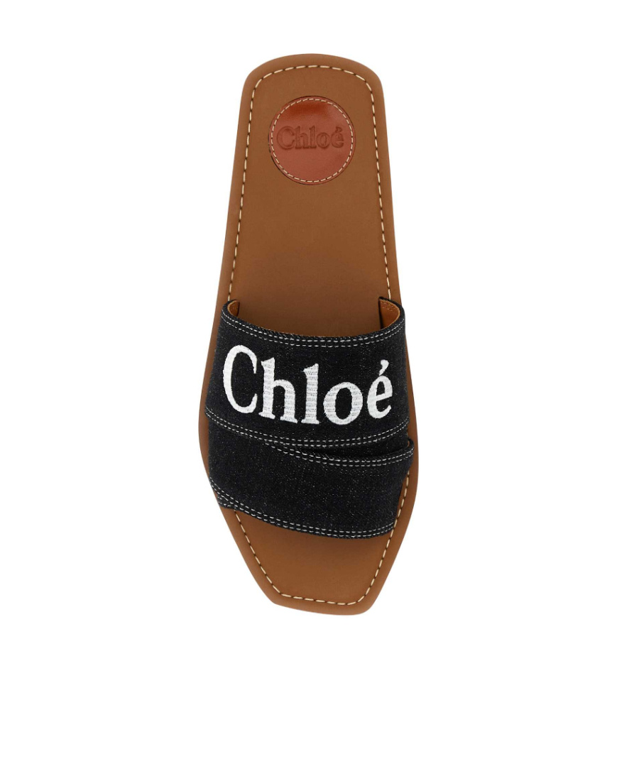 Chloé Woody Flat Logo Ribbon Slide Sandals In Black