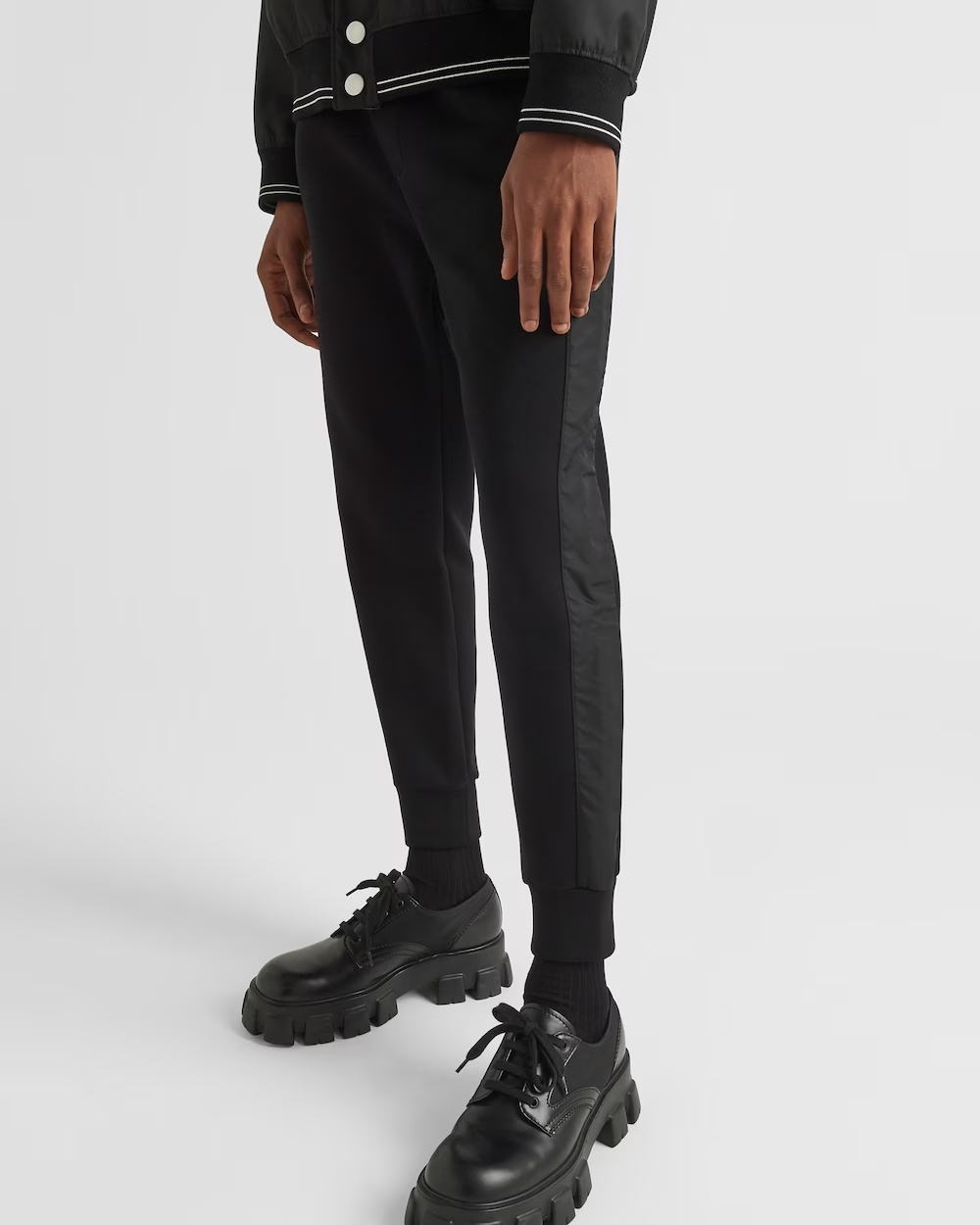 Prada Mens Black Contrast-trim Tapered-leg Cotton And Nylon Jogging Bottoms In Black