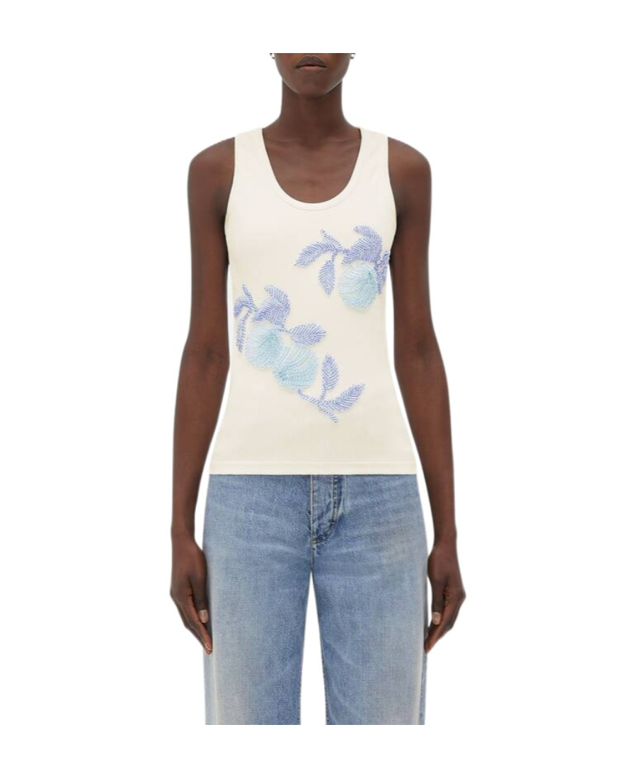 Bottega Veneta Ribbed Cotton Tank Top With Beaded Embroidery In White
