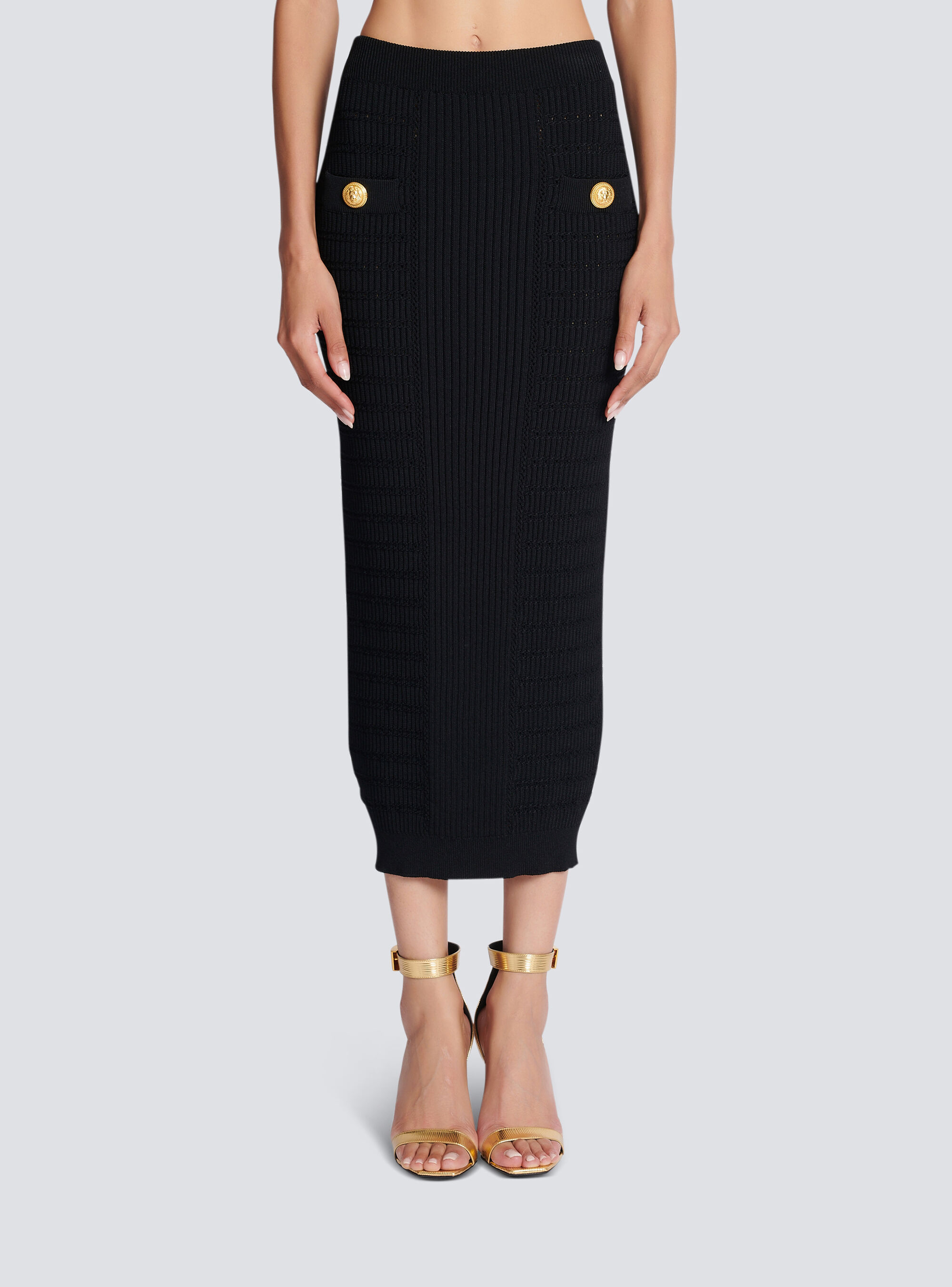 Balmain Black Plain Ribbed Knit Midi Skirt In Black