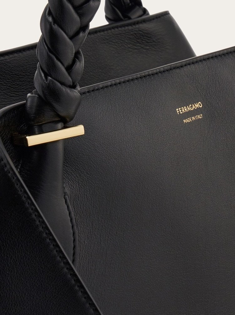 Ferragamo The Scarf Bag Black Shoulder Bag With Braided Handles And Folded Corners In Leather Woman In Black