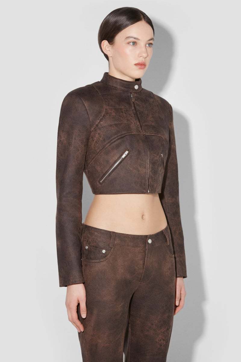 Misbhv Cracked Cropped Faux-leather Jacket In Brown