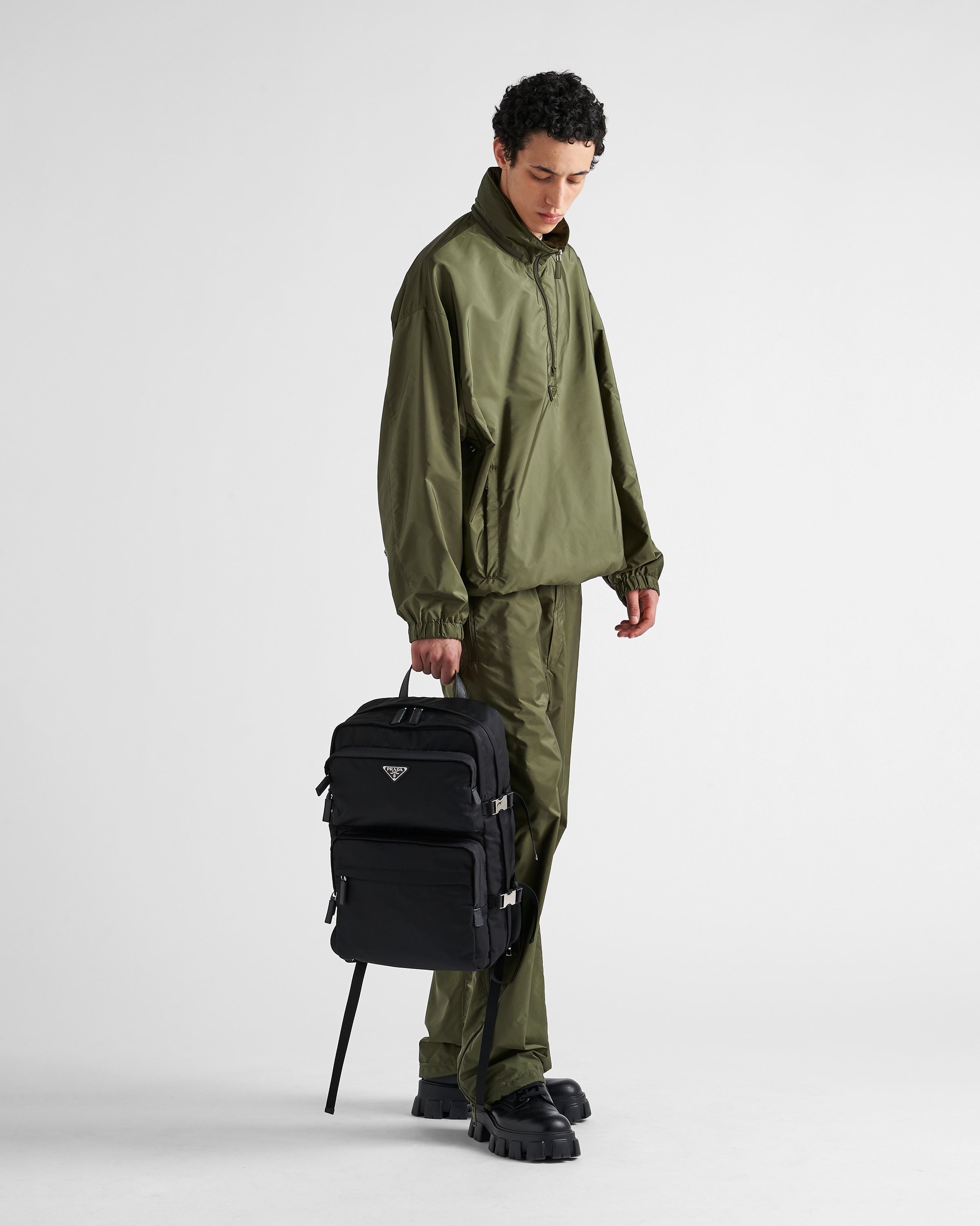 Prada Nylon Backpack With Top Handle And Front Zip In Black