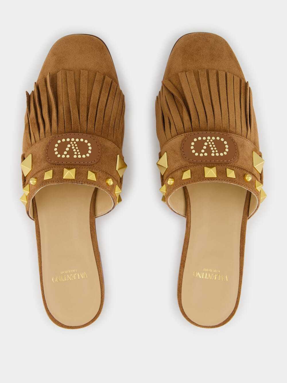 Valentino Plaster Caster Fringed Slide Mules In Brown