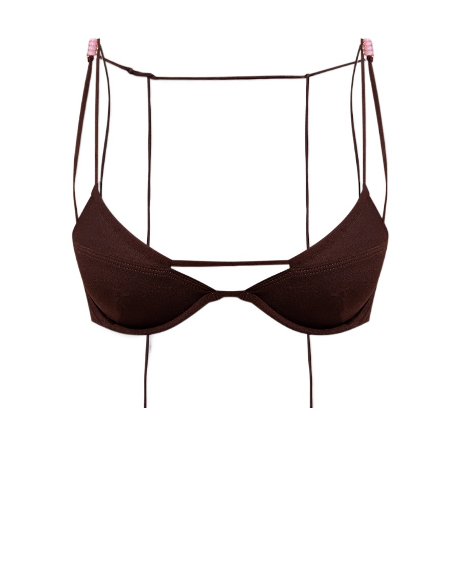 Jacquemus Barco Bead-embellished Bikini Top In Brown