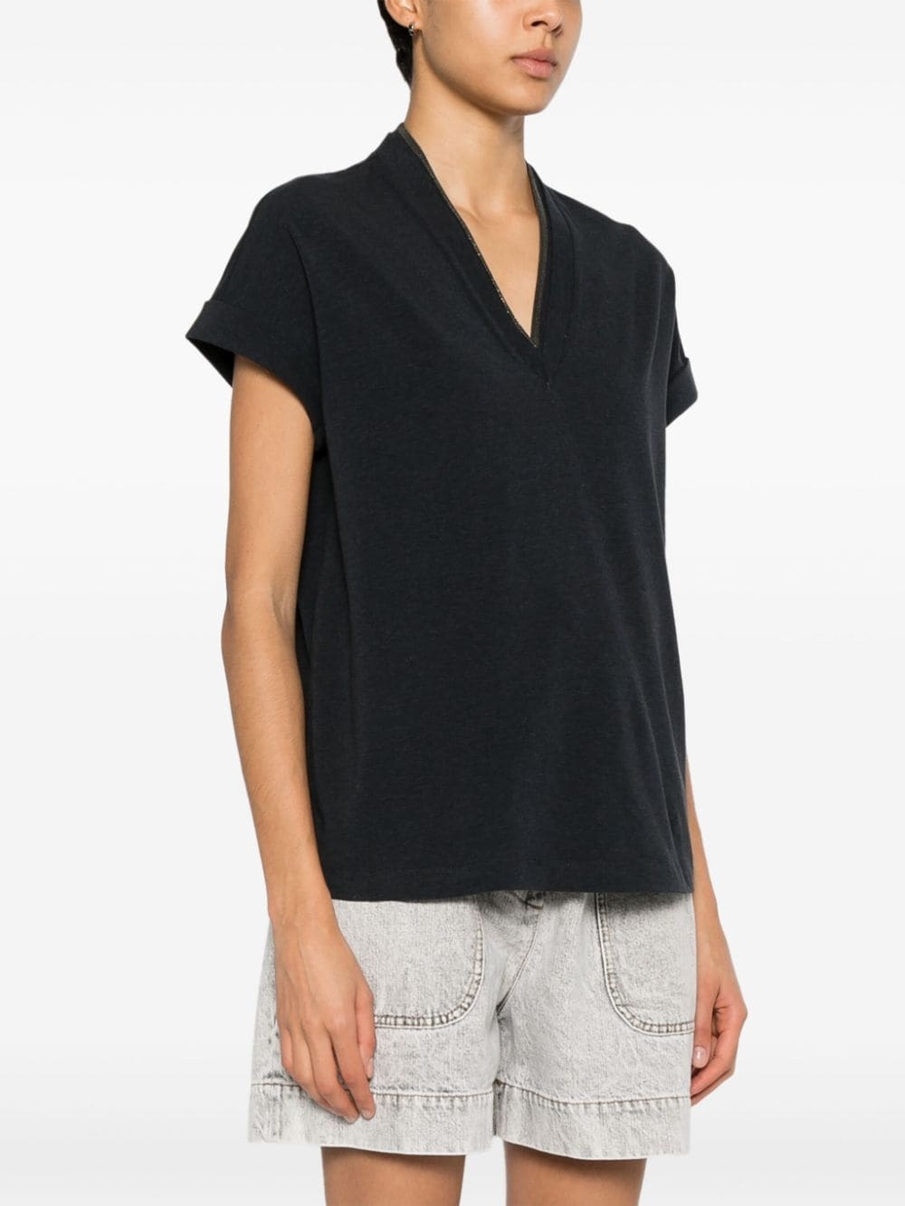 Brunello Cucinelli Black V-neck T-shirt With Monile Detail In Stretch Cotton Woman In Black