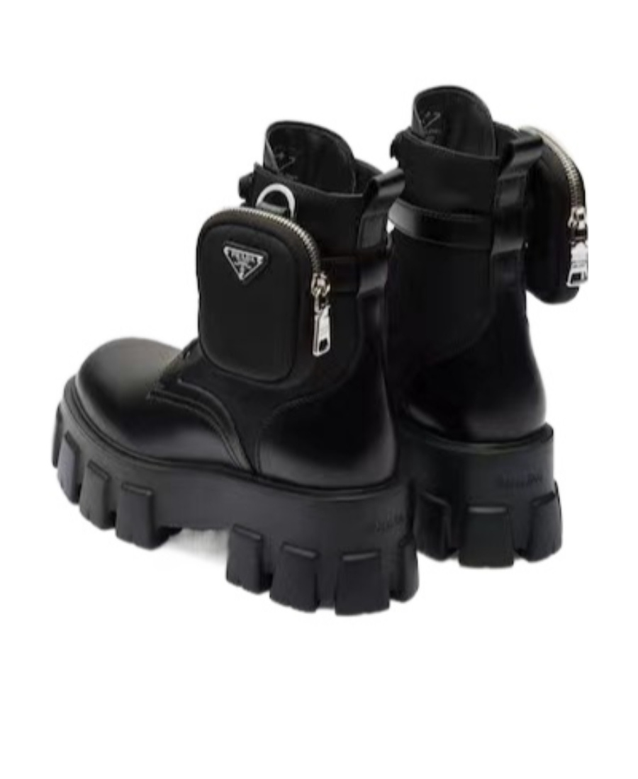 Prada Monolith Side Small Pocket Decorative Lacing Platform Martin Boots In Black