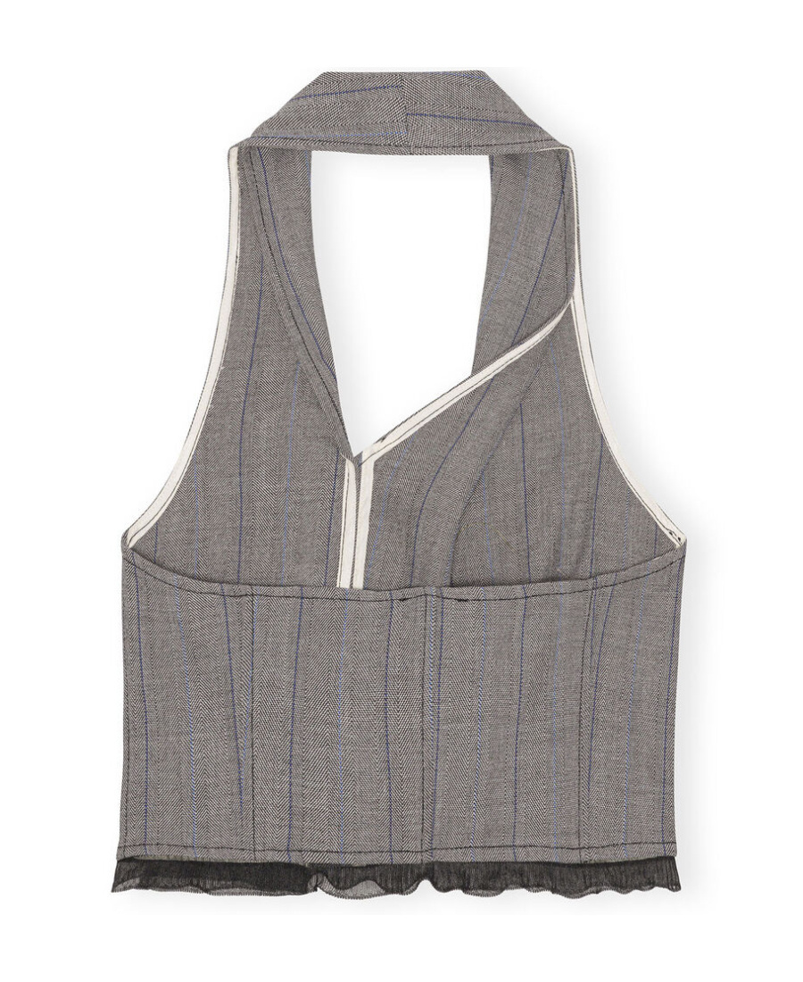 Ganni Herringbone Halter Suiting Vest In Gray