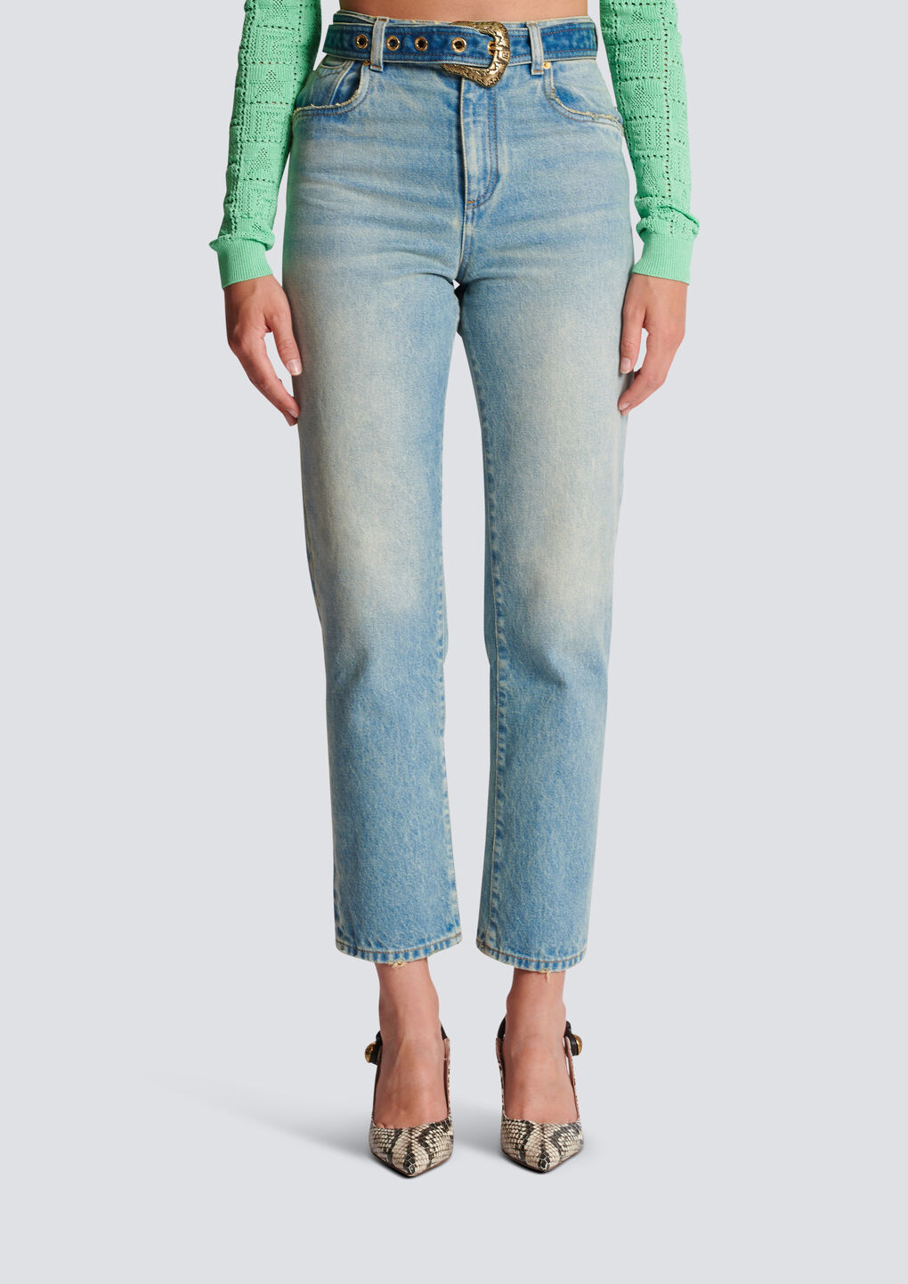 Balmain Belted High-rise Cropped Jeans In Gray