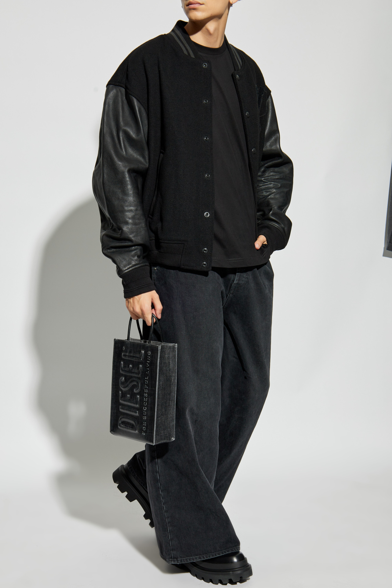 Diesel Varsity Bomber Jacket In Cotton And Leather In Black