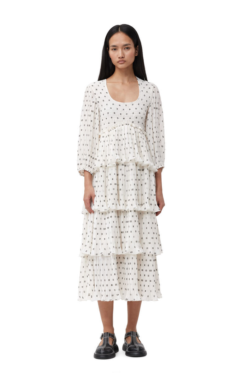Ganni Monogram-print Pleated Midi Dress In White