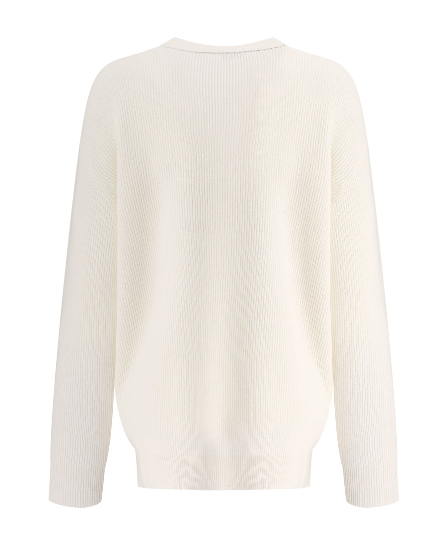 Brunello Cucinelli Cashmere English Rib Sweater With Monili Knitwear White In Neutral