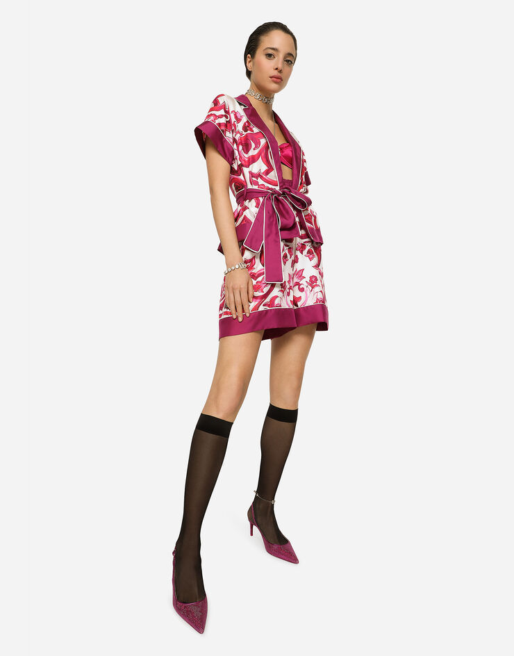 Dolce & Gabbana Majolica Print High-waist Silk Twill Shorts In Red