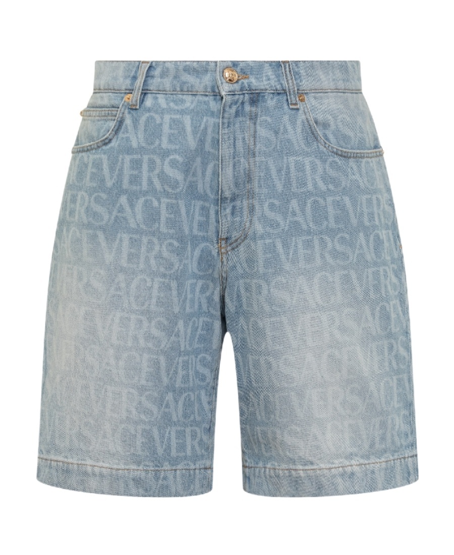 Versace All-over Logo Denim Shorts In Gray