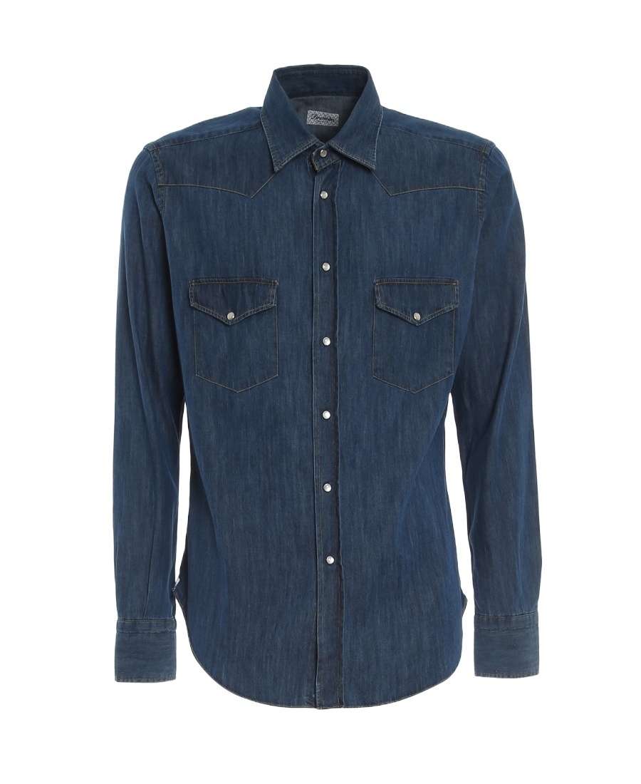 Drumohr Long-sleeved Cotton Denim Shirt In Blue