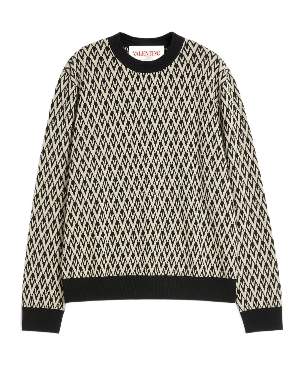 Valentino Crewneck Wool Jumper With Toute La V Jacquard Pattern In Black/cream