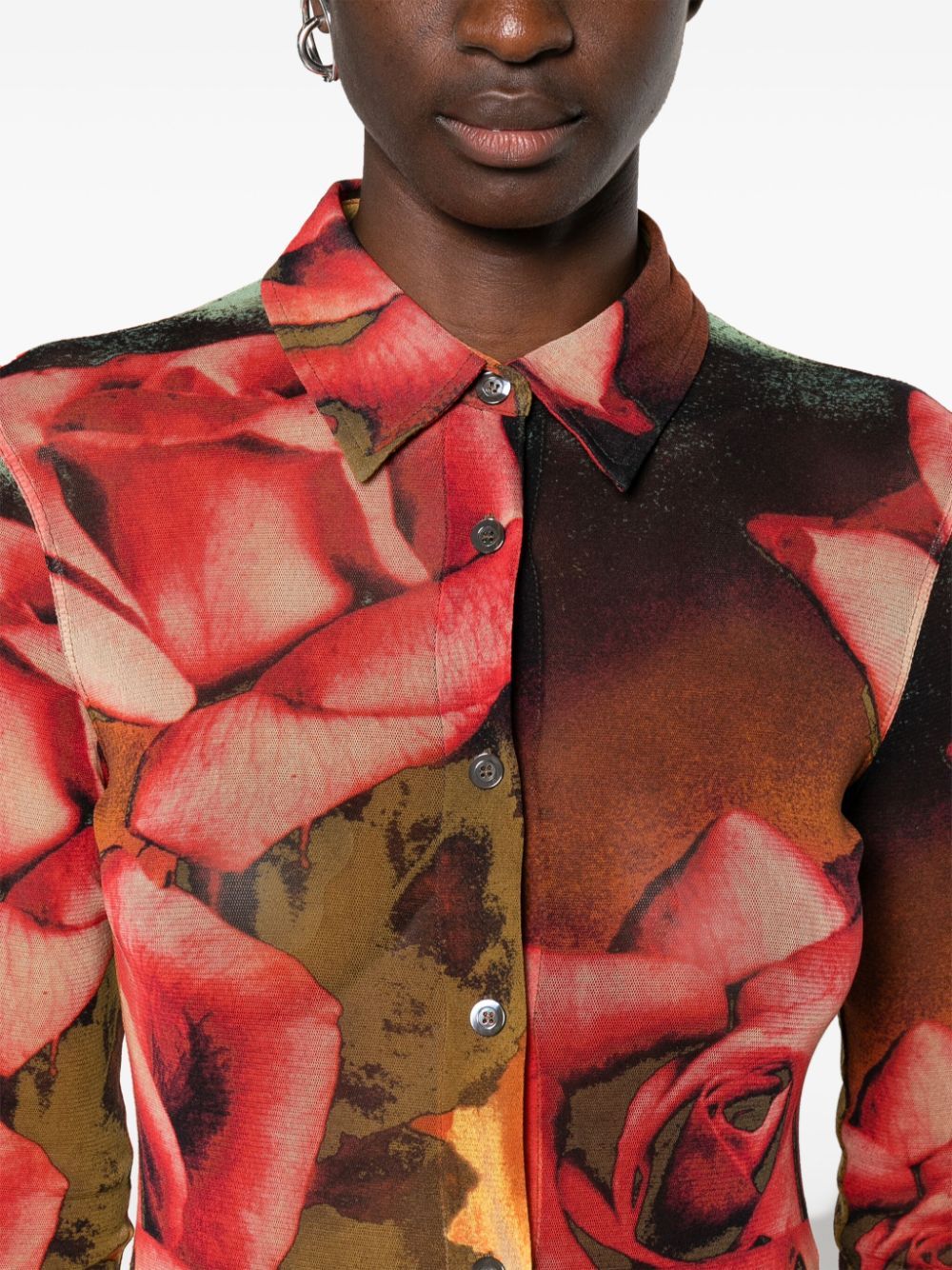 Jean Paul Gaultier Red Rose-print Mesh Shirt In Multicolor