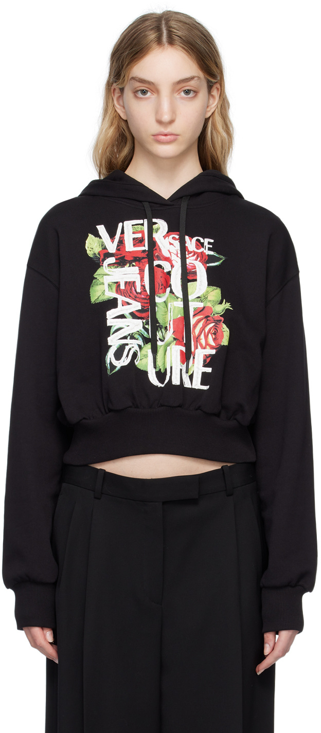 Versace Jeans Cropped Logo-print Cotton Hoodie In Black