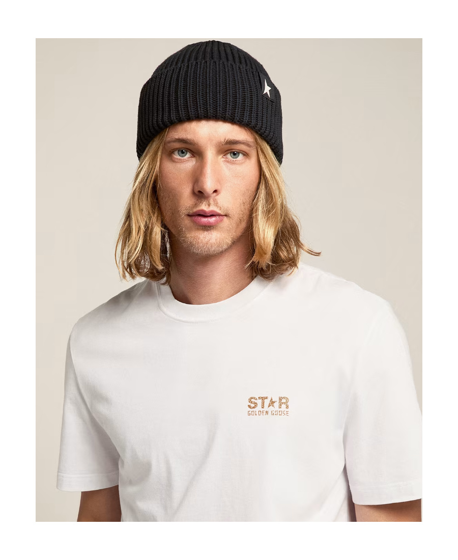 Golden Goose Mans Ribbed Black Wool Hat With Logo In Black