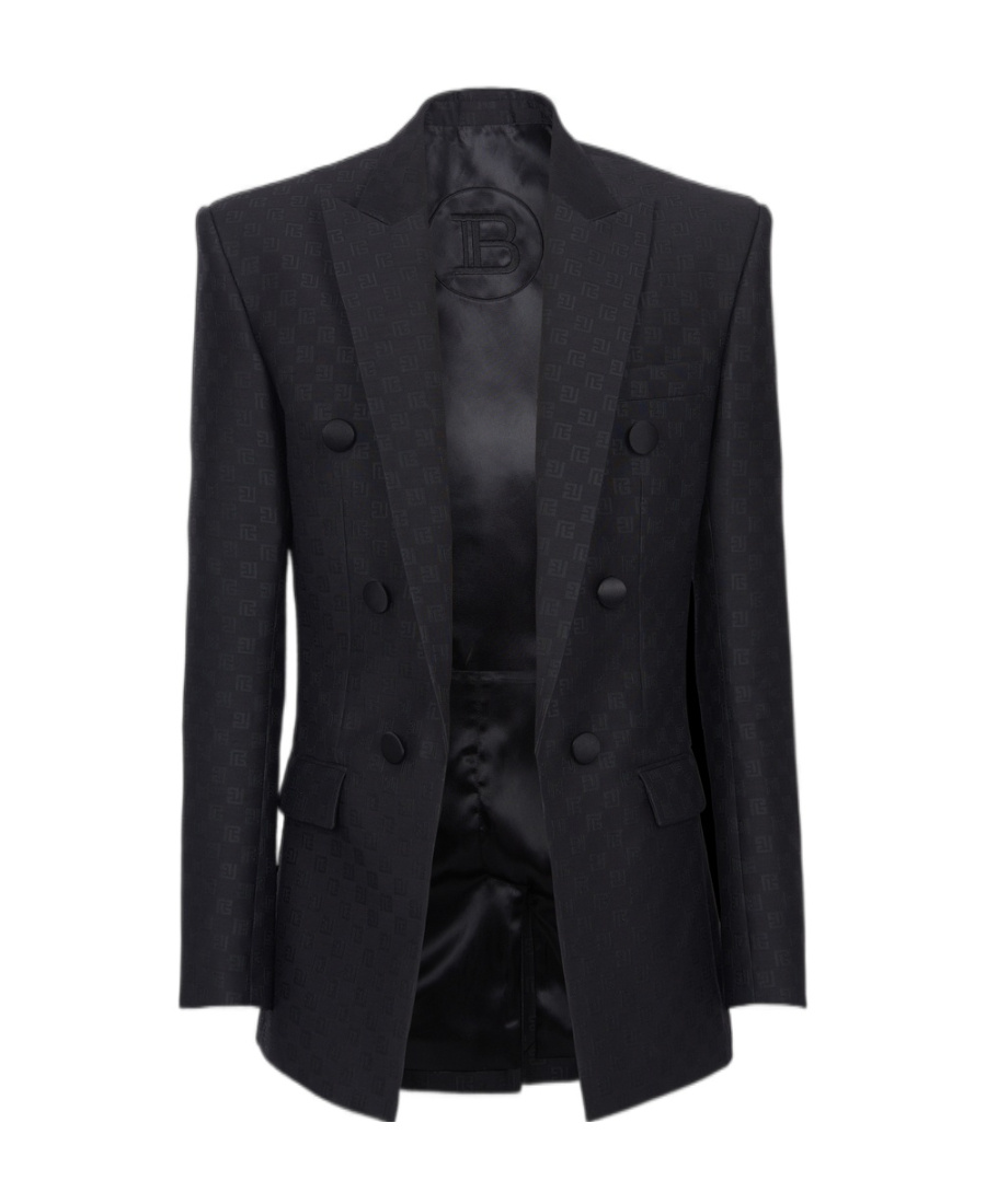 Balmain Mini Monogram-print Satin Blazer In Black