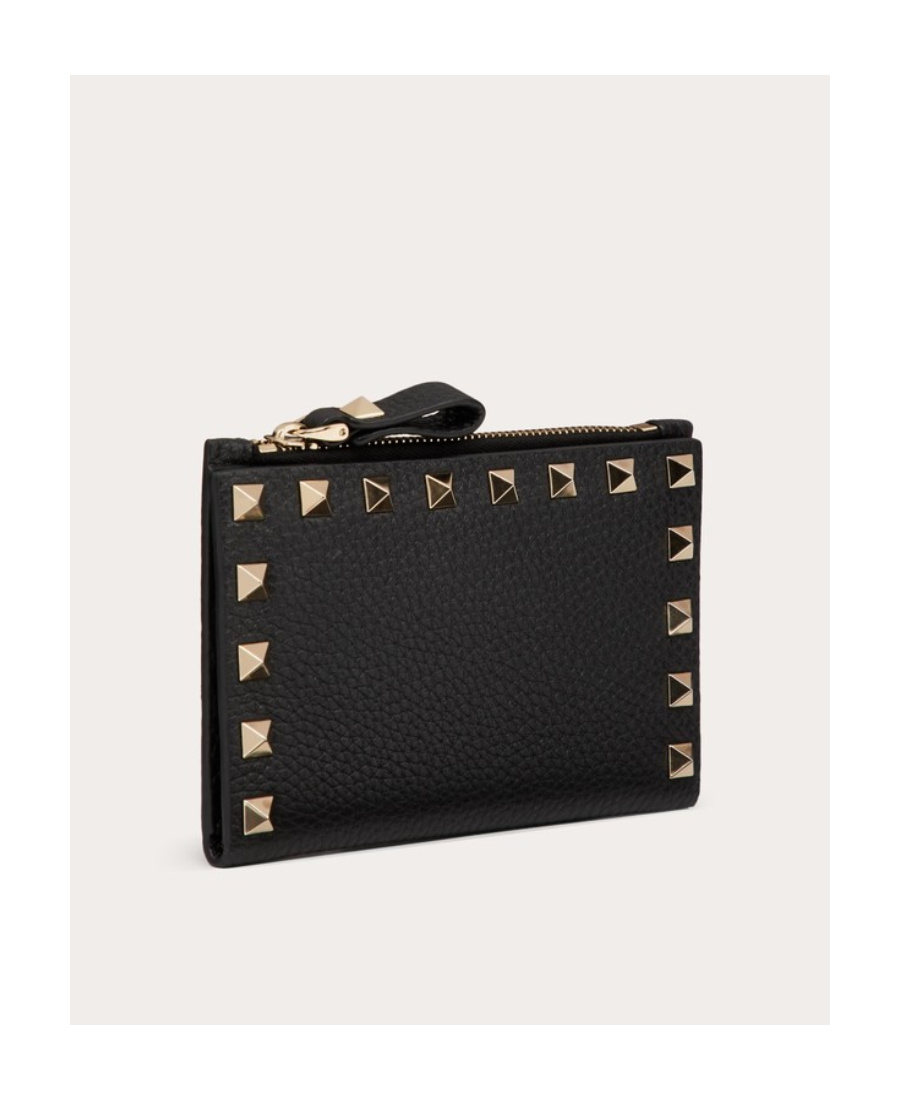 Valentino Rockstud Leather Zip Around Card Holder In Black