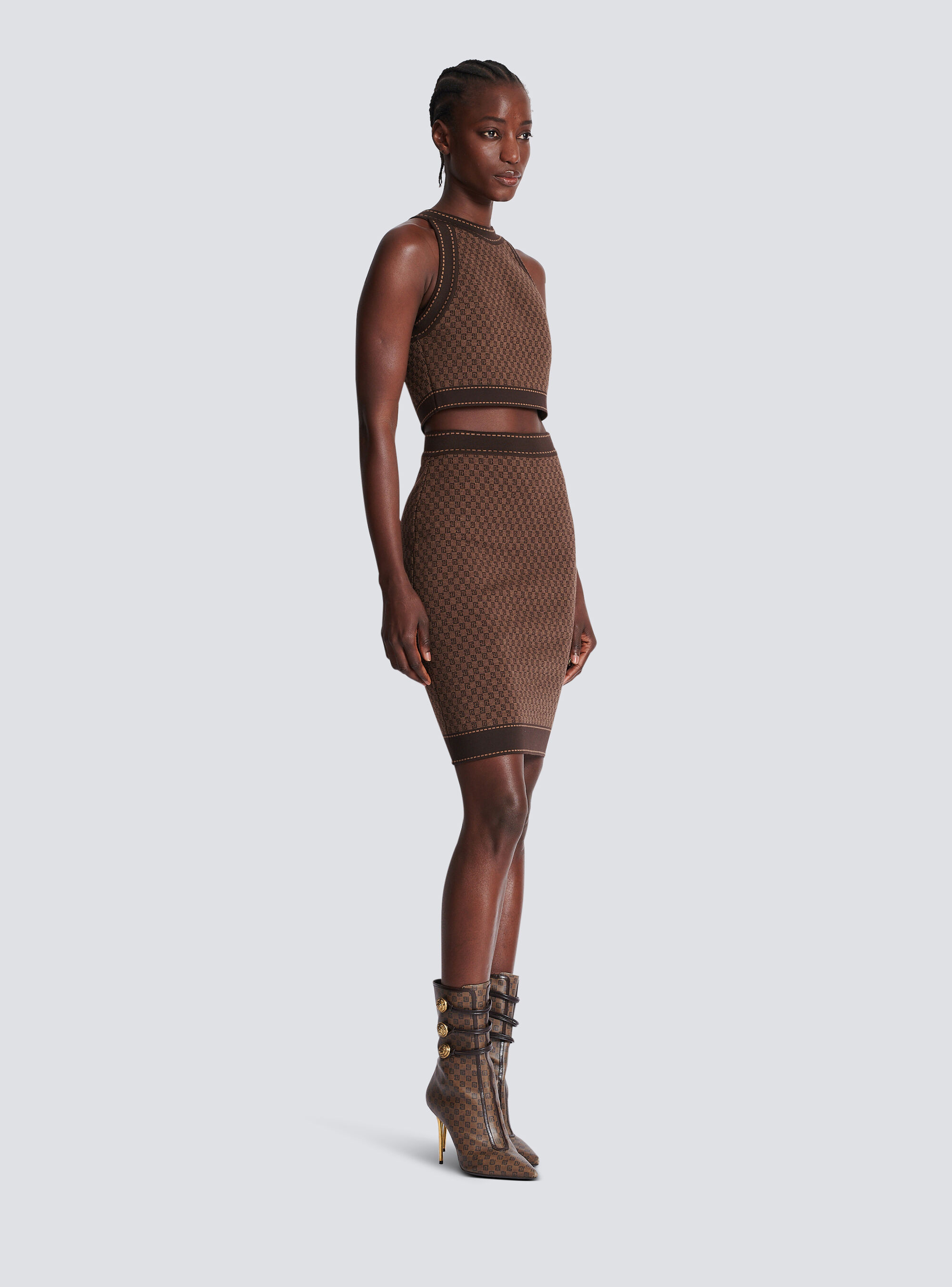 Balmain Brown Mini Monogram Midi Skirt In Brown