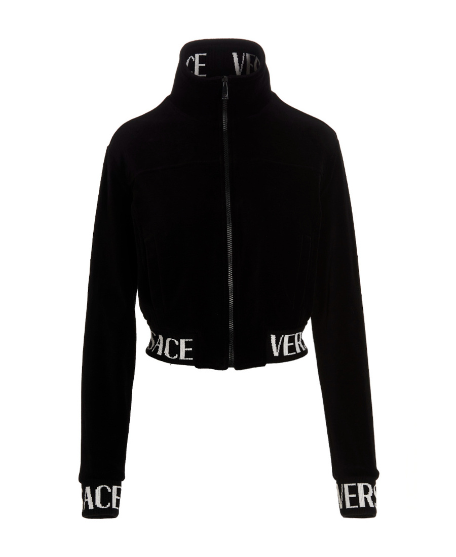 VERSACE VERSACE LOGO INTARSIA CROPPED VELVET SWEATSHIRT
