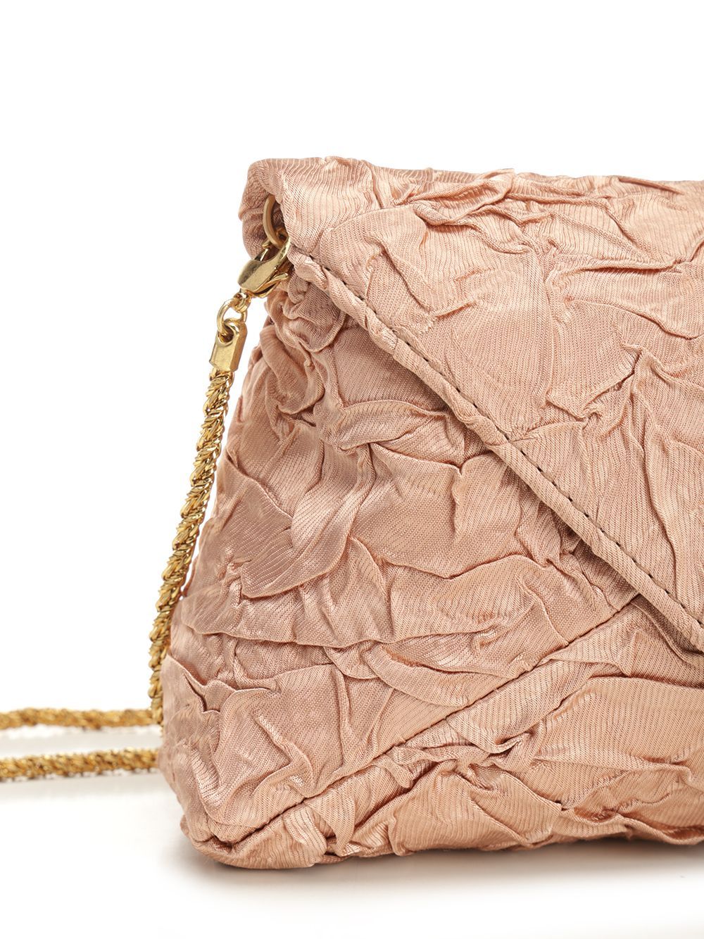 Dries Van Noten Chain Strap Crinkled Texture Envelope Flap Metallic Finish Pleated Fabric Shoulder Bag In Peach
