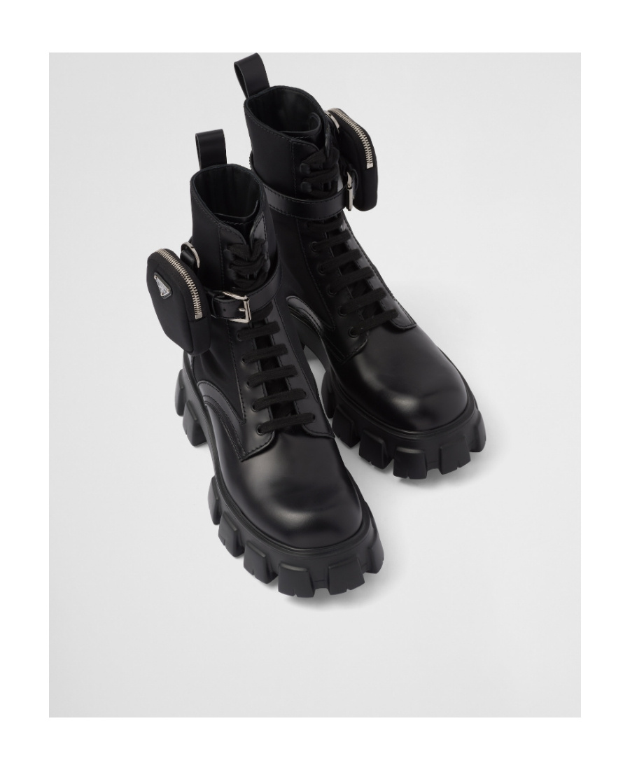 Prada Monolith Brushed Leather And Nylon Boots In Black