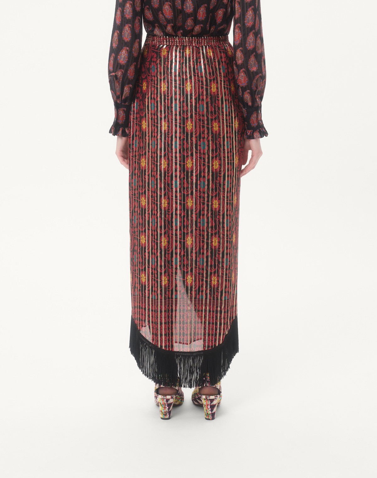 Valentino Lamé Midi Skirt With Apres L'hiver Print In Brown