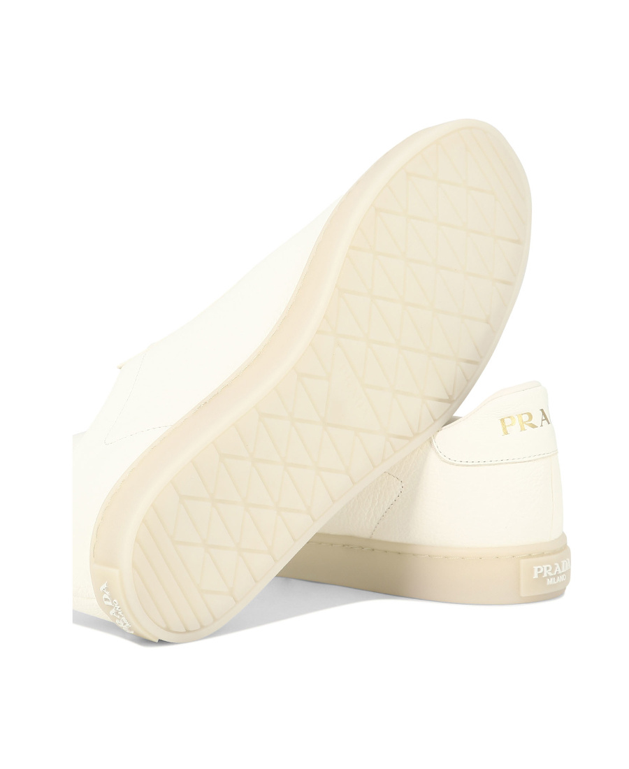 Prada Mens White Triangle-plaque Vintage-effect Leather Low-top Trainers In Nude