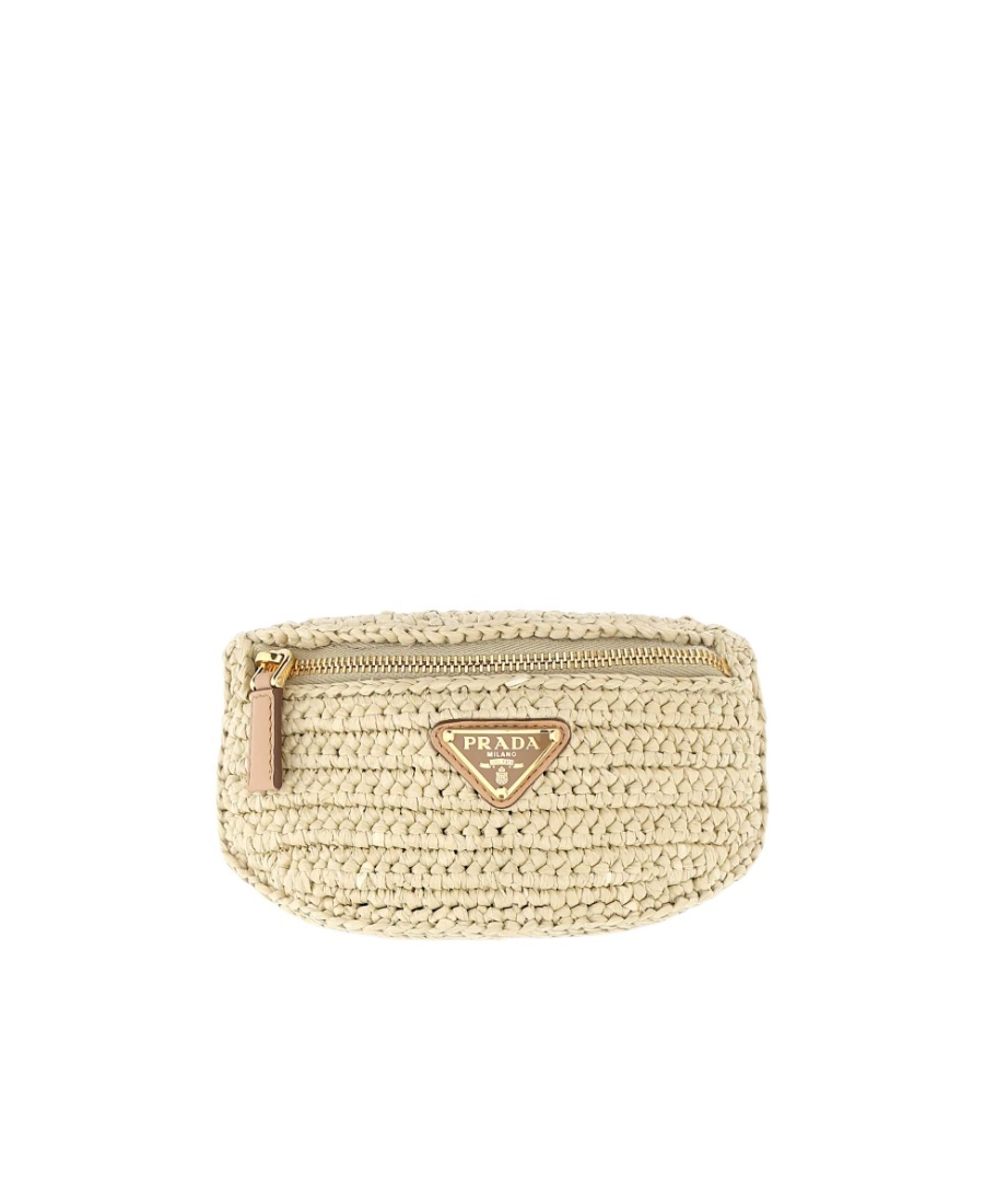 Prada Raffia Wrist Pouch With Adjustable Fabric Strap In Nude