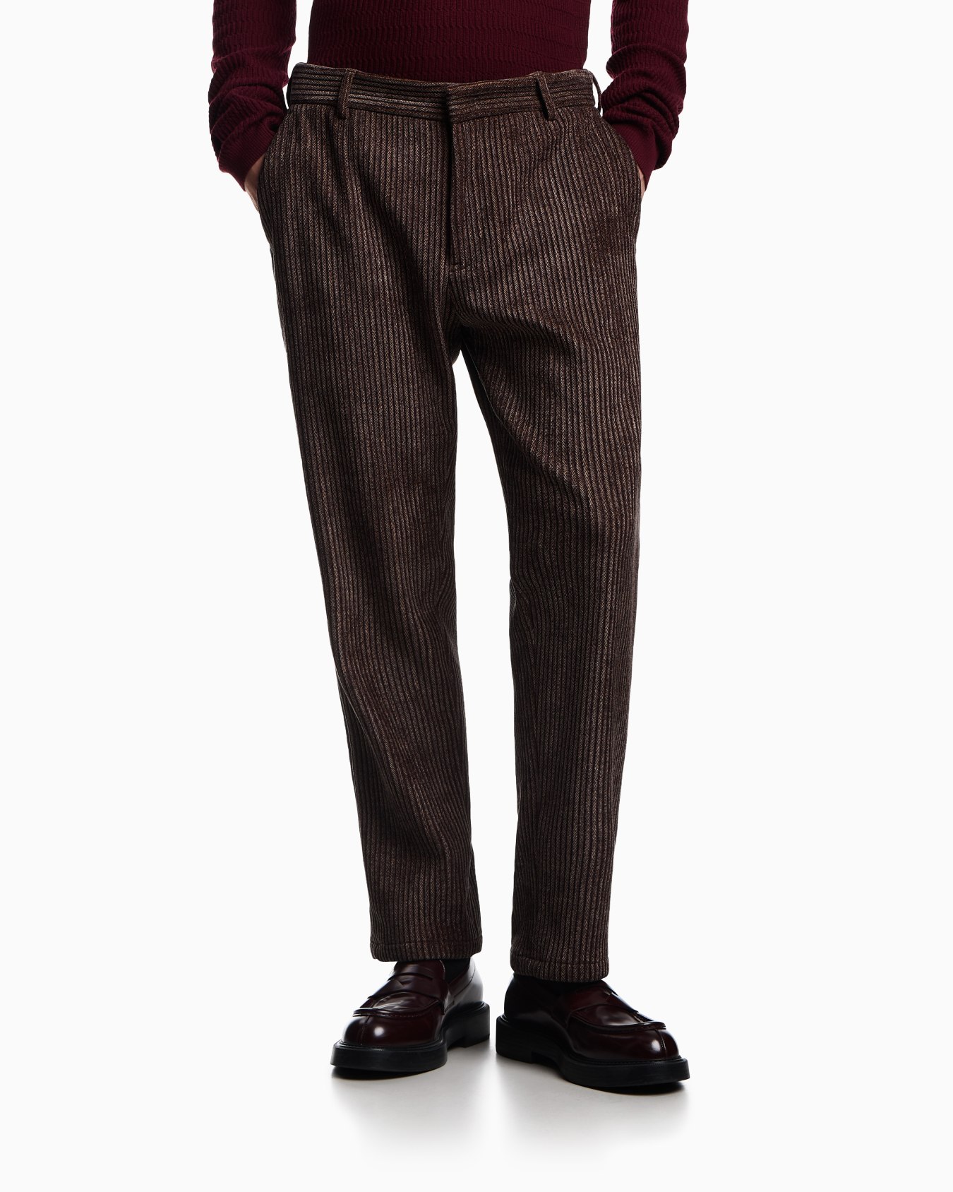 Emporio Armani Regular Fit Textured Brown Stretch Pants In Brown