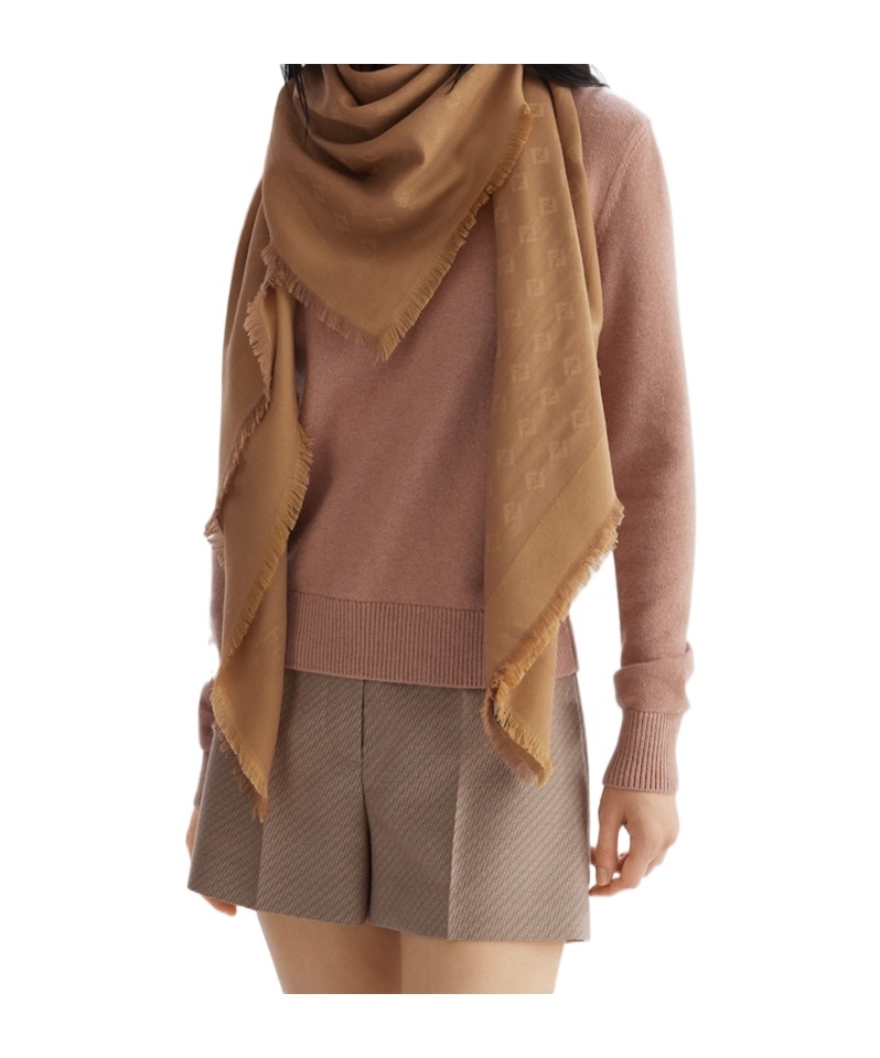 Fendi Camel Jacquard Shawl In Brown