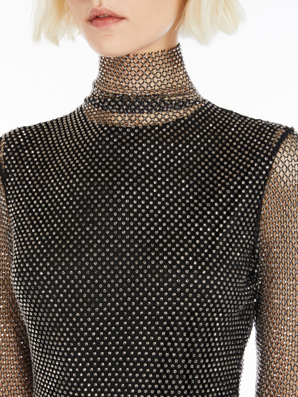 Sportmax Sheer Fishnet Long-sleeve Fitted Top With High Neck In Black