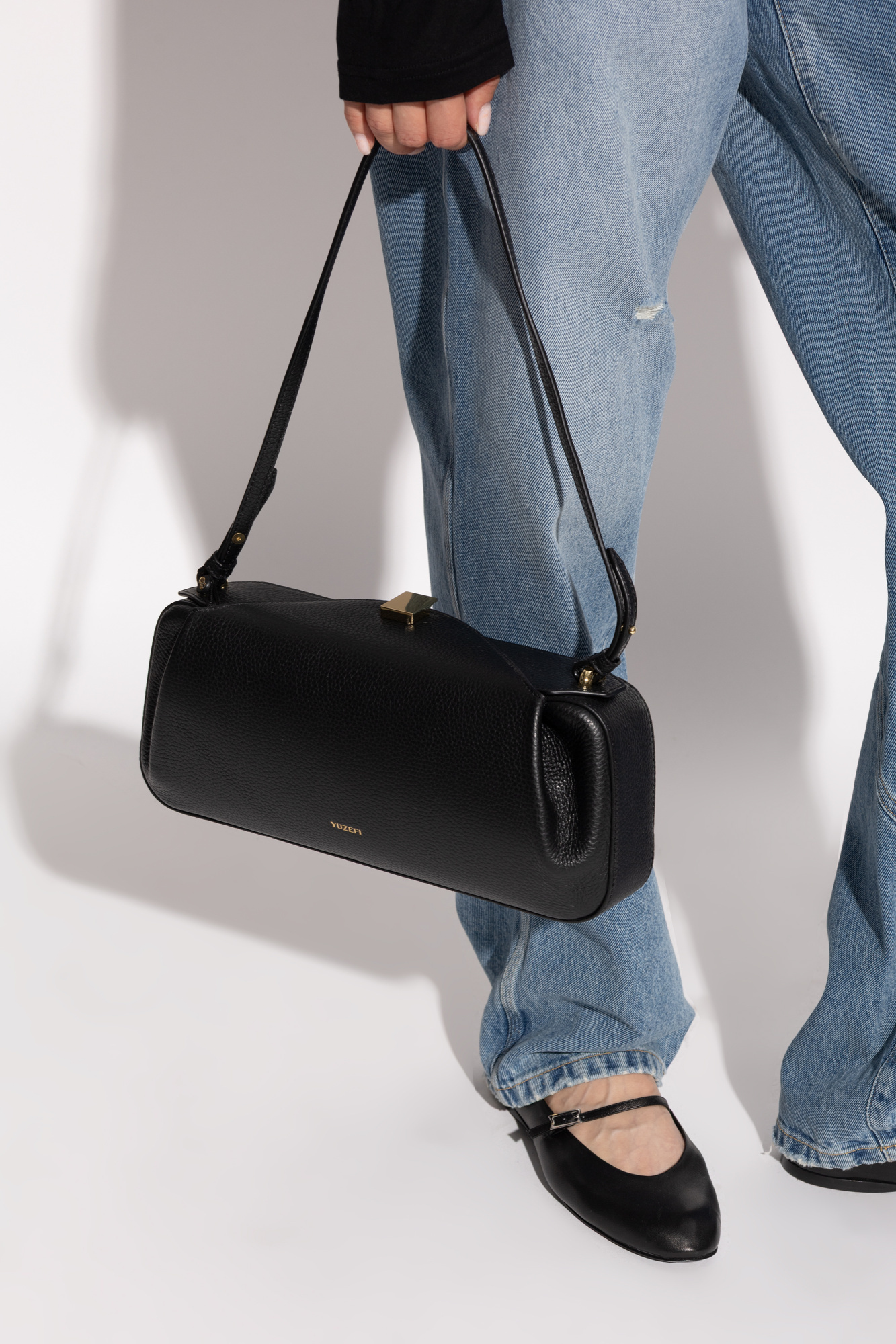 Yuzefi Oyster Pebbled Leather Shoulder Bag In Black