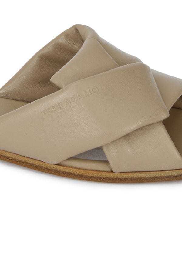 Ferragamo Nappa Slippers With Origami Tied Band In Nude