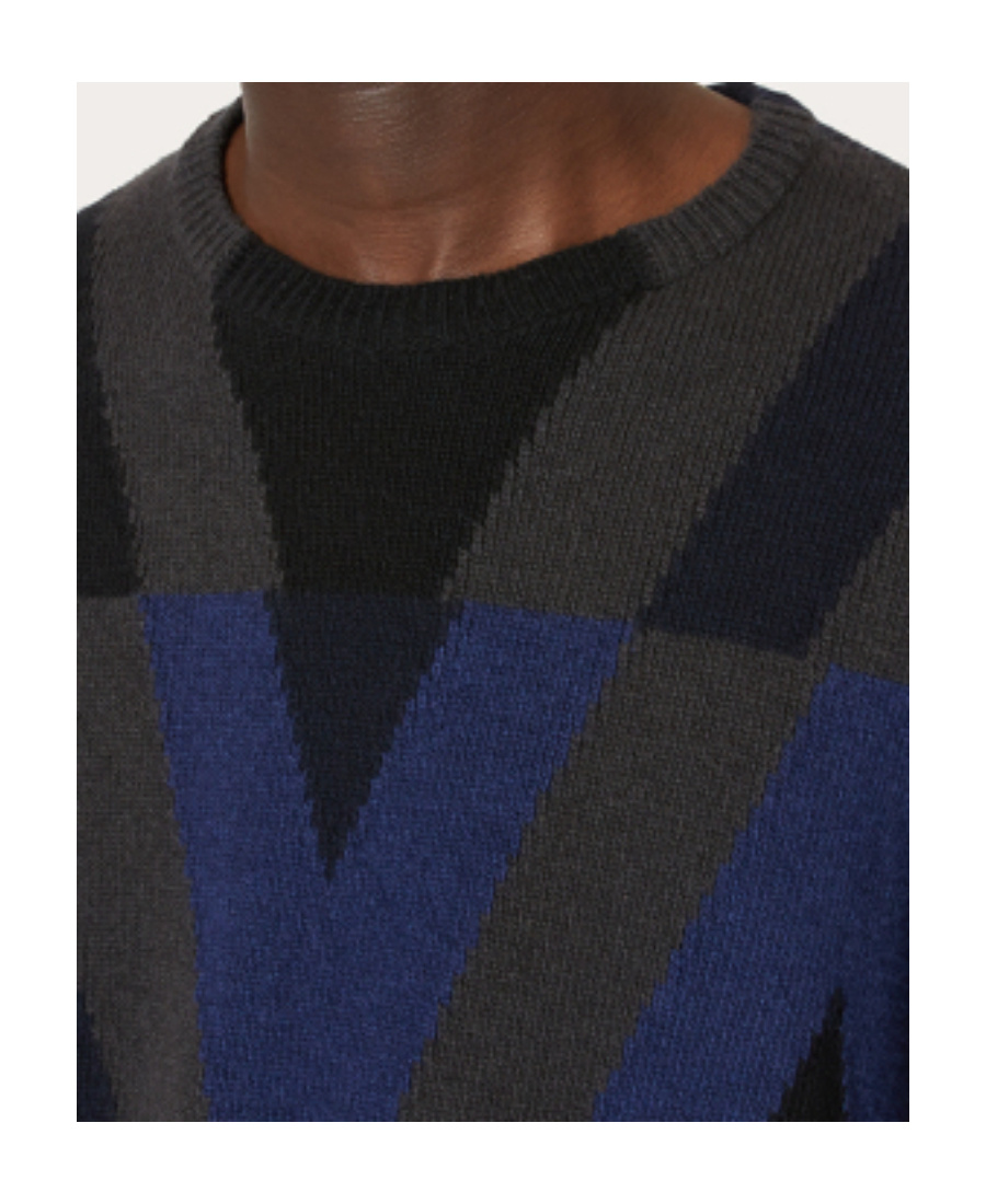 VALENTINO NAVY BLUE / BLACK WOOL ROUND NECK SWEATER 