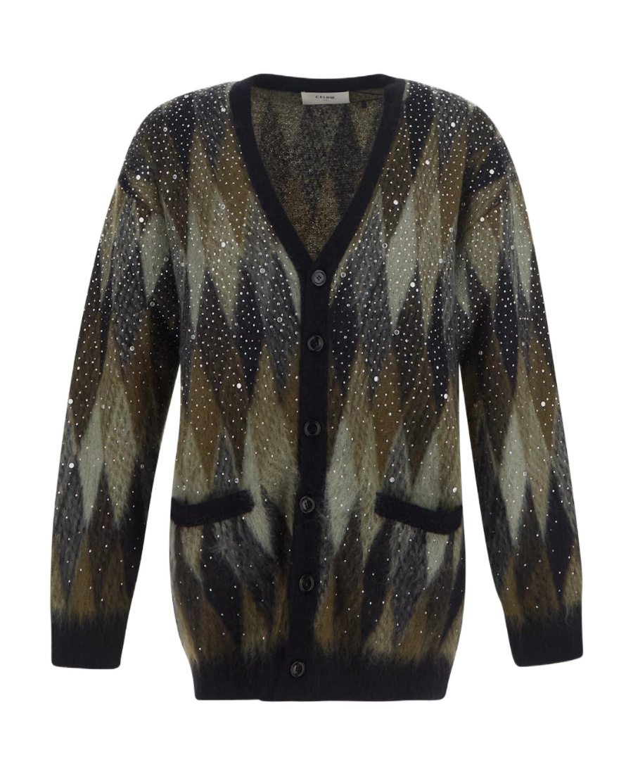 Celine Long Embroidered Cardigan With Brushed Mohair In Black