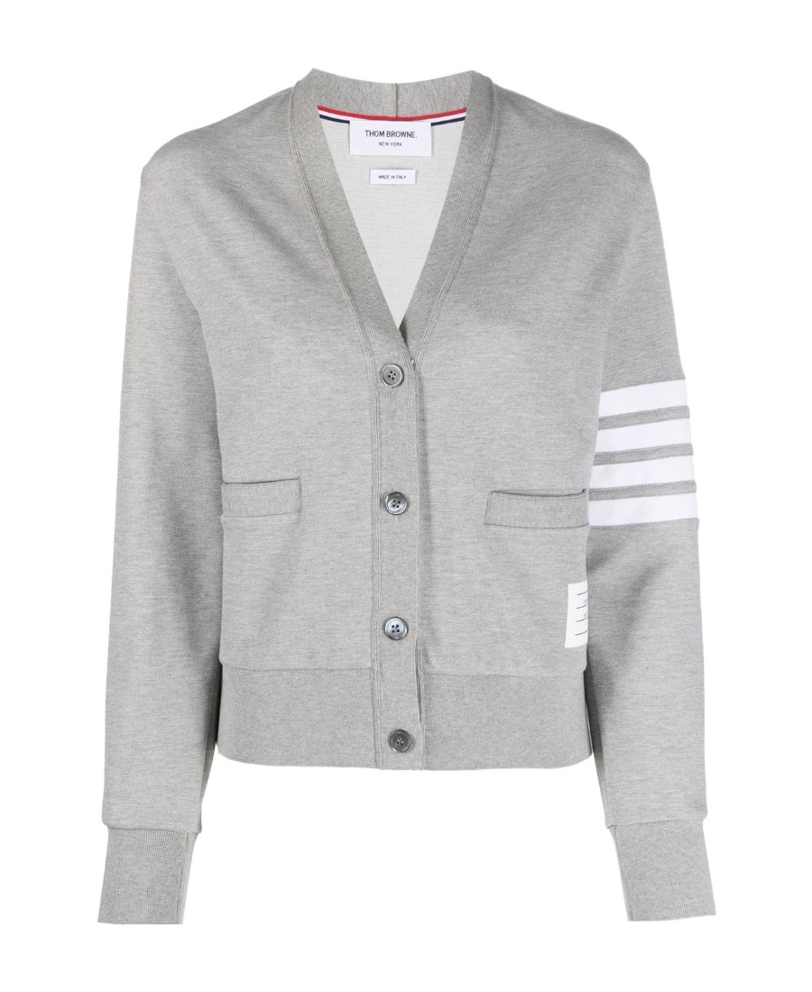 Thom Browne Four Bar Stripe Cotton Blend Knit V-neck Cardigan In Gray