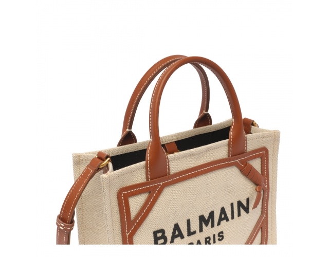 Shop Balmain B-army Small Tote Bag In Canvas And Leather In Nude
