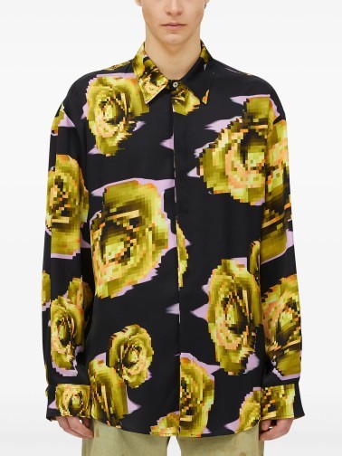 Msgm Pixelated Rose Print Shirt In Black