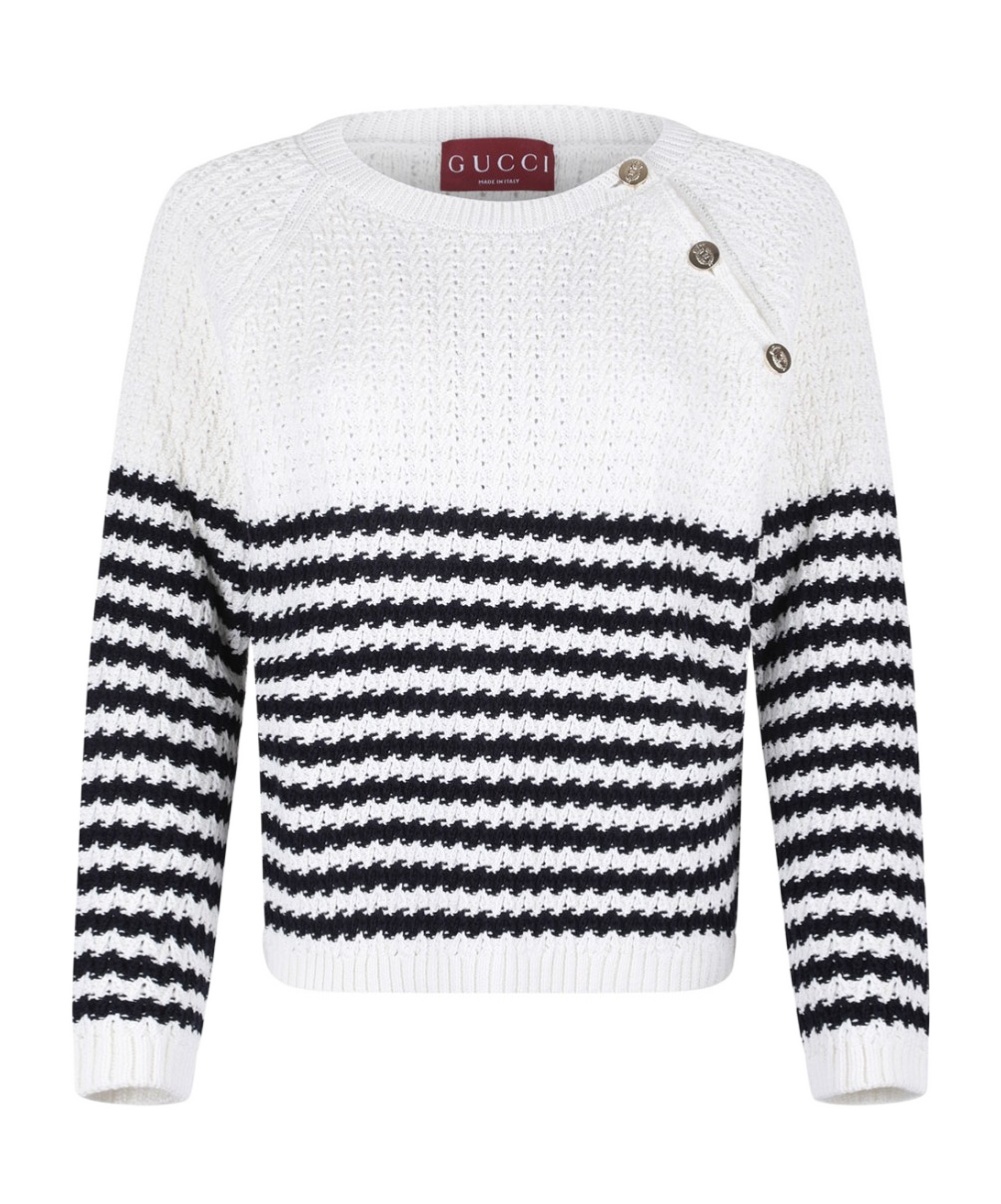 Gucci Embroidered Stripes Cotton Sweater In White/navy