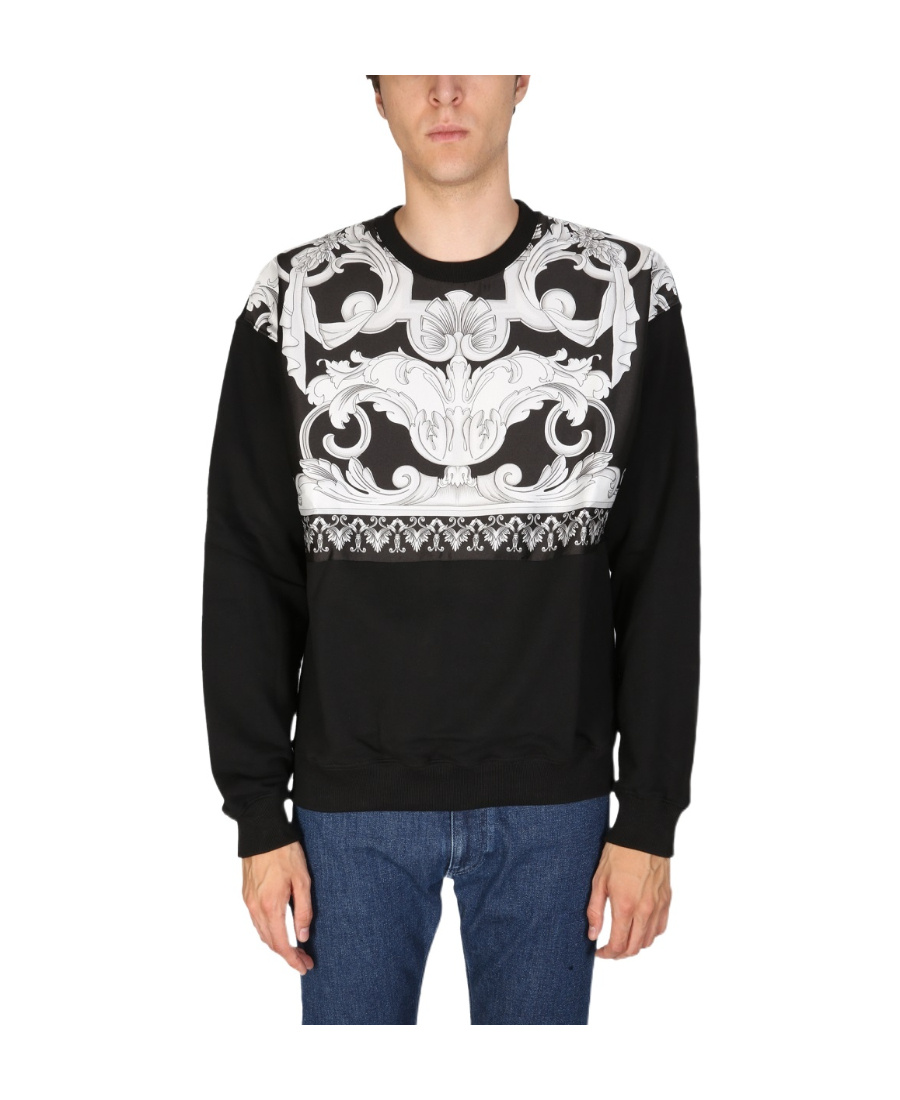 Versace Barocco Print Cotton Crewneck Sweatshirt In Black
