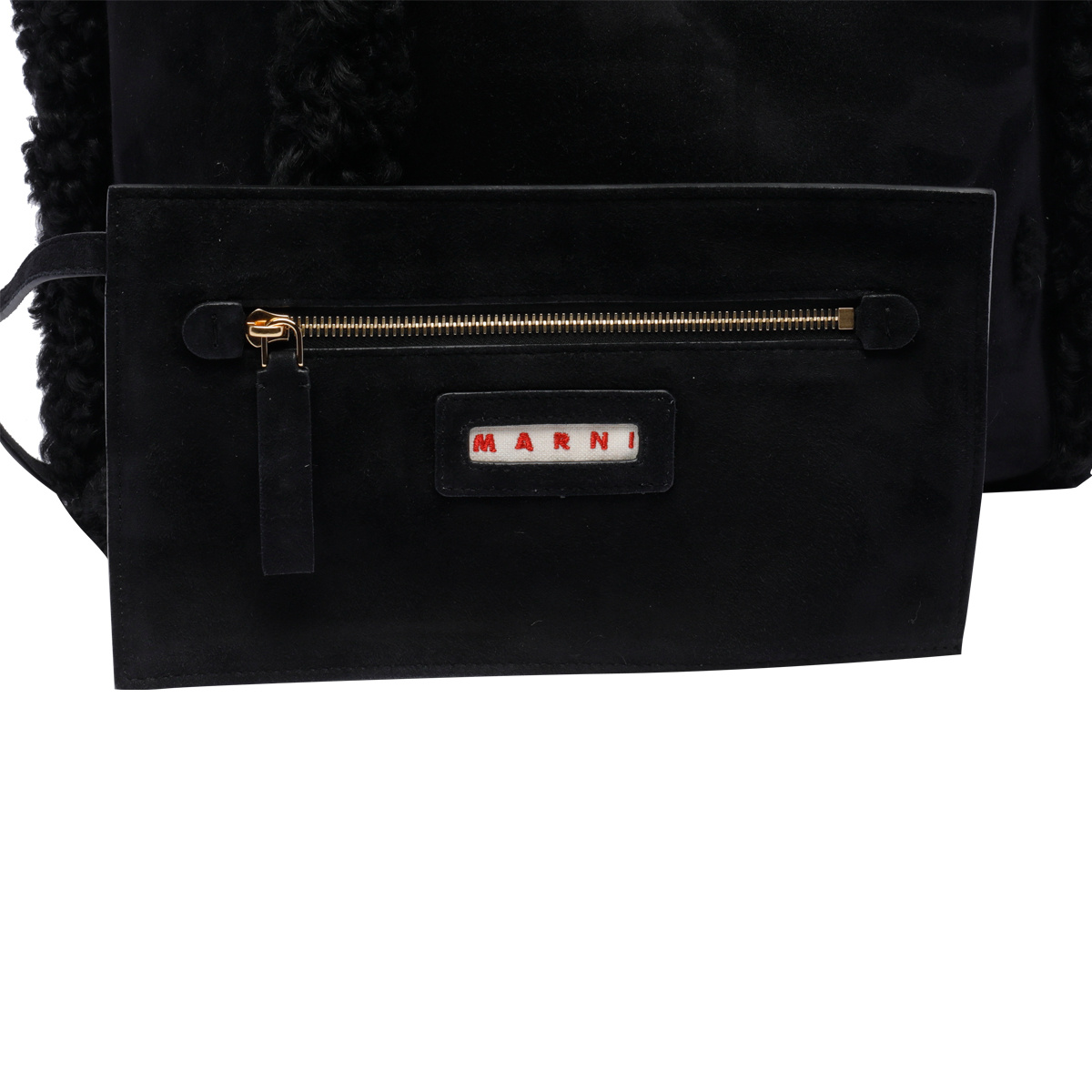 Marni Shearling-trim Logo Detailed Tote Bag In Black