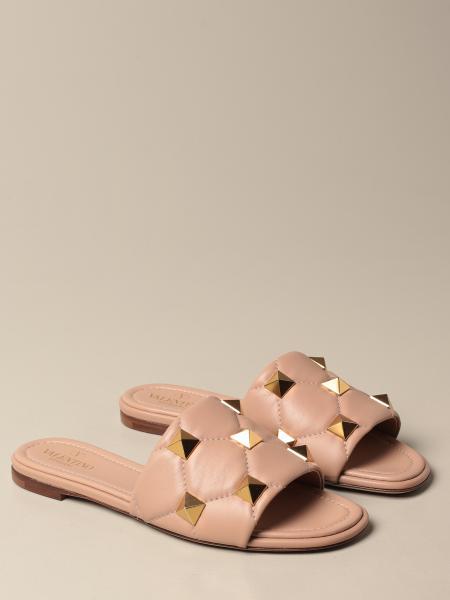 Valentino Rockstud Quilted Flat Sandals In Pink