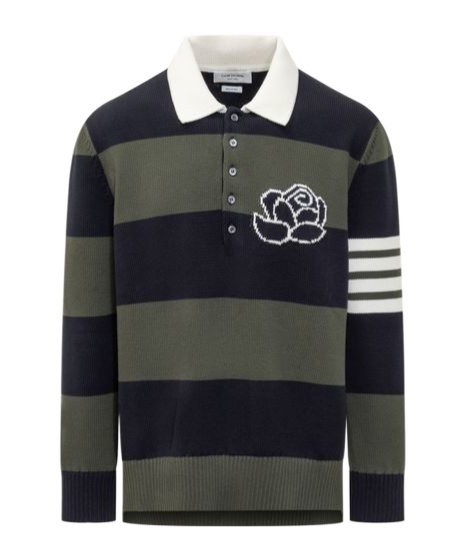 Thom Browne Khaki & Navy Striped Polo In Green