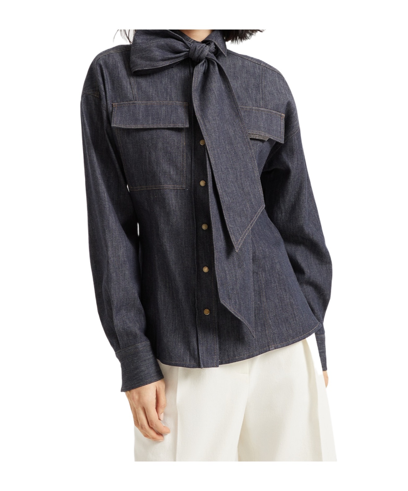 Brunello Cucinelli Long-sleeved Denim Shirt With Bow In Blue